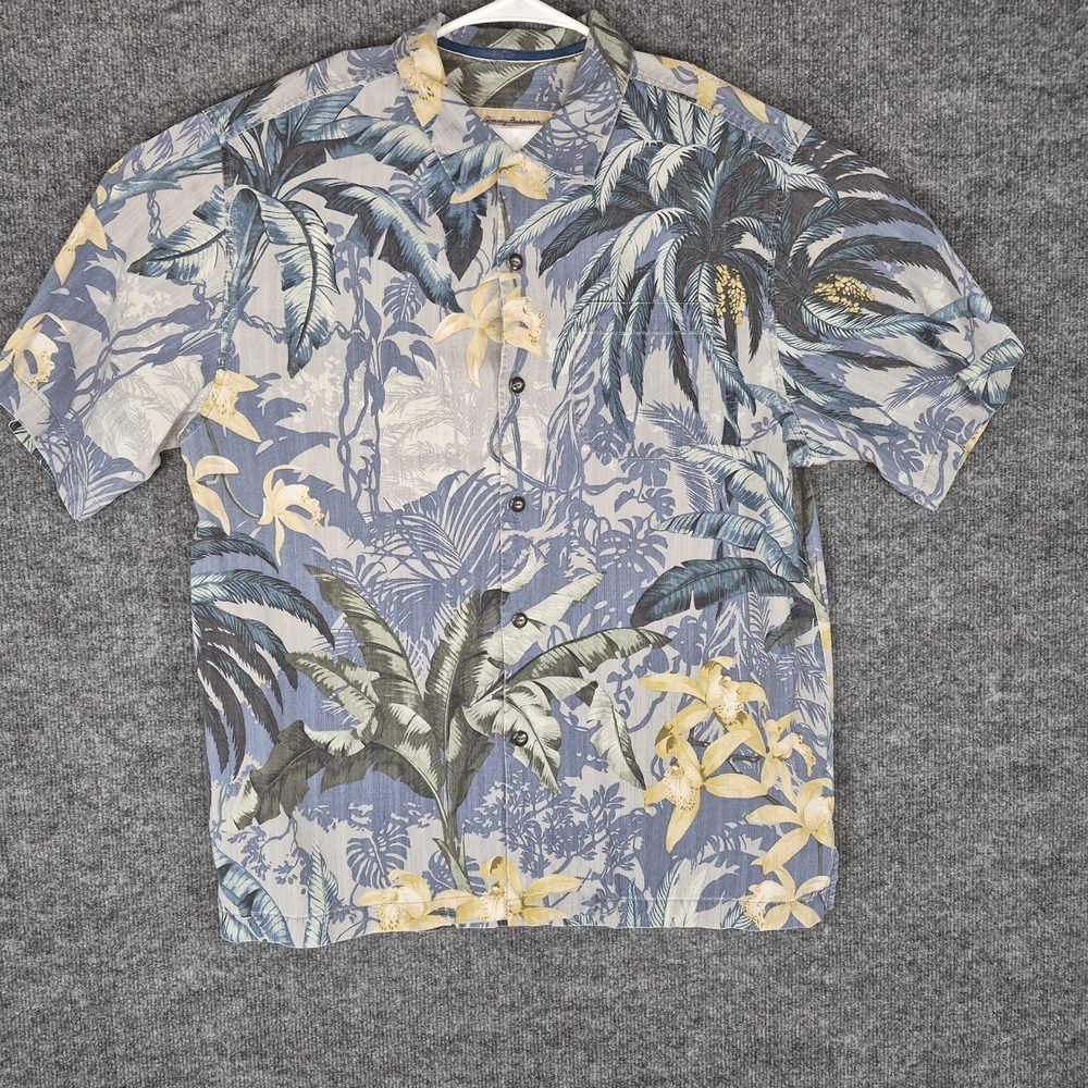 TOMMY BAHAMA Blue Silk Hawaiian Shirt  Floral Flowers Size Medium Button Down